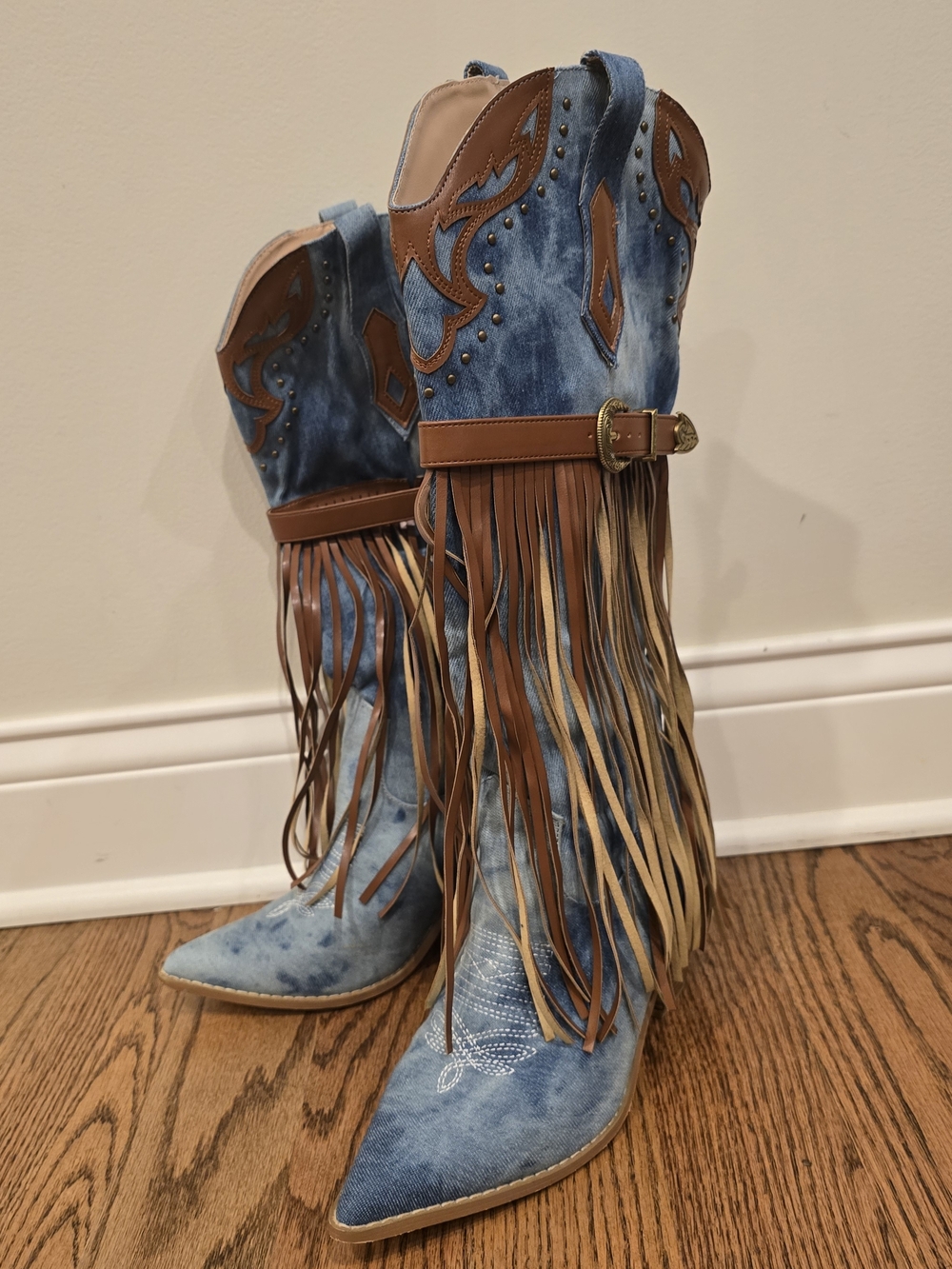 Blue Denim Fringe Western Knee Boots - Women's - Picture 10 of 11